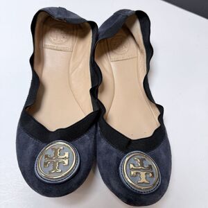 Tory Burch Caroline Ballet Flats Navy Blue Suede Gold Logo Leather Size 5.5